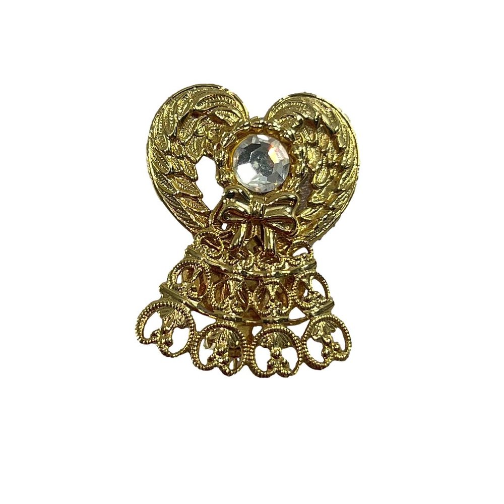 Vintage Gold Tone Angel Brooch Pin Rhinestone Jane AOL 1999 Christmas Ornate
